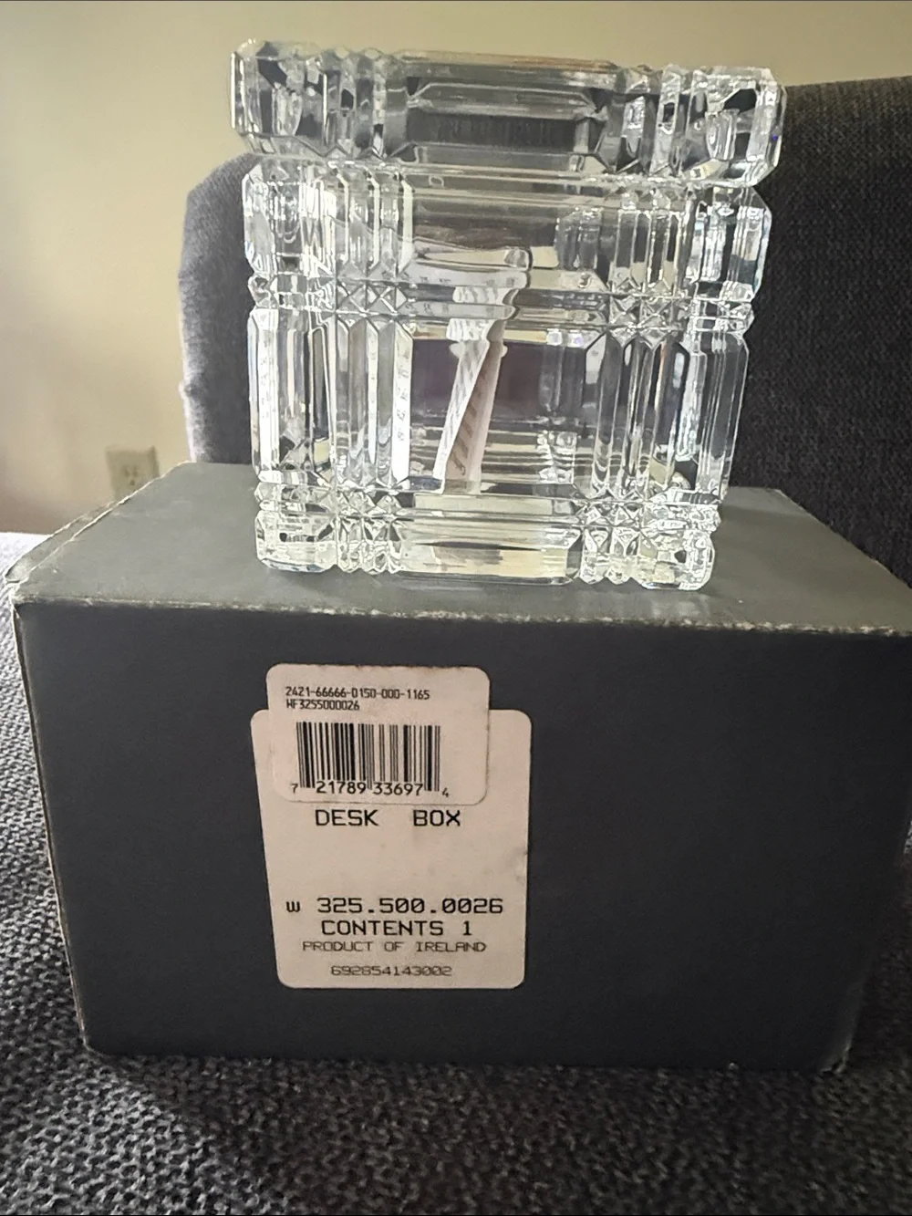 Waterford Clear Crystal Trinket Box with Green and Gold Emblem